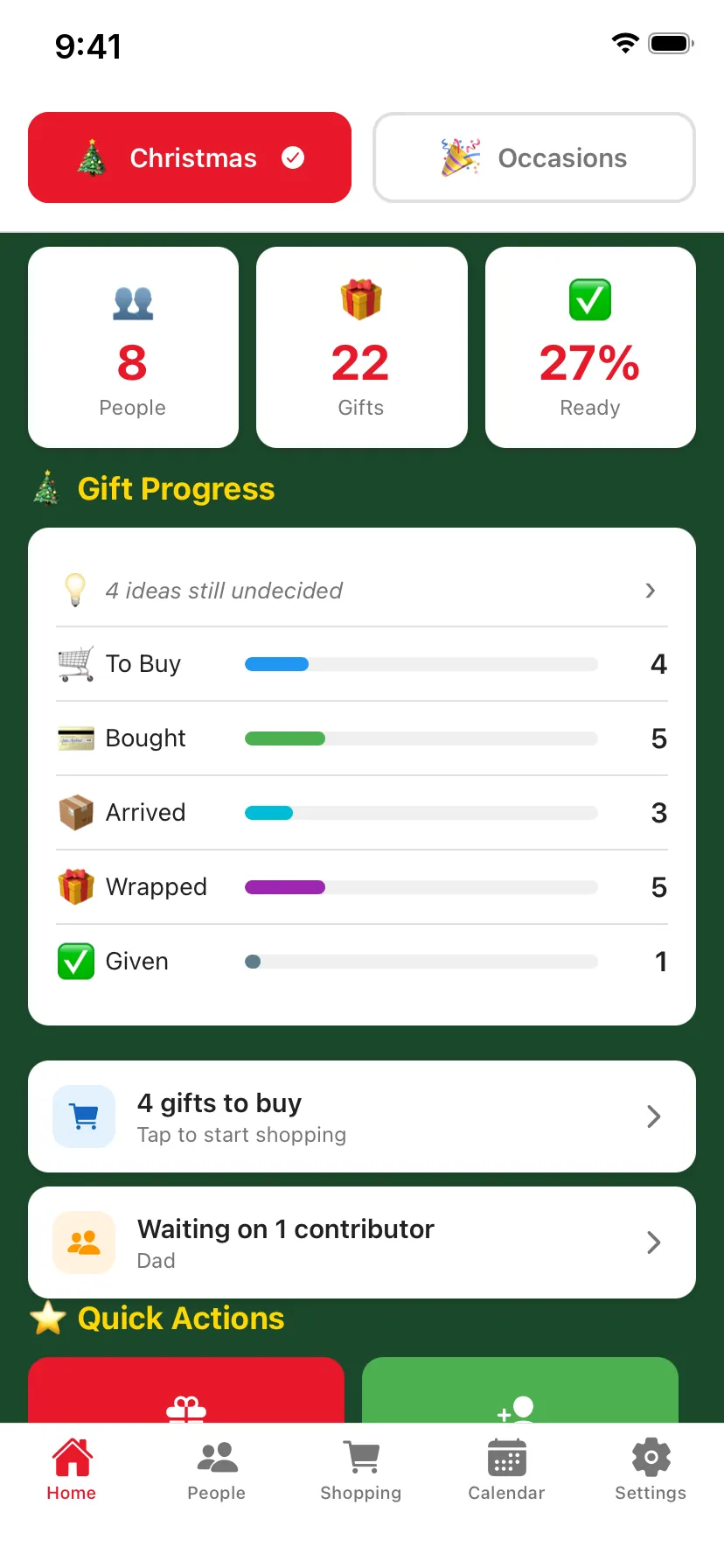 GiftFlow Home with the Gift Progress tile