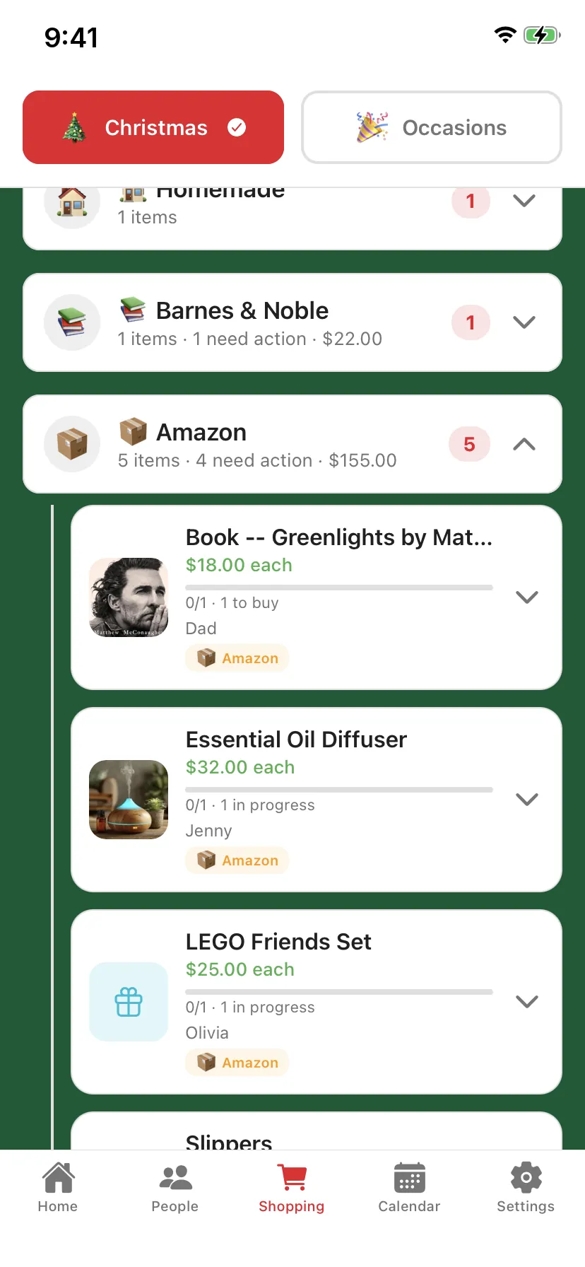 Shopping Companion in GiftFlow, gifts grouped by store